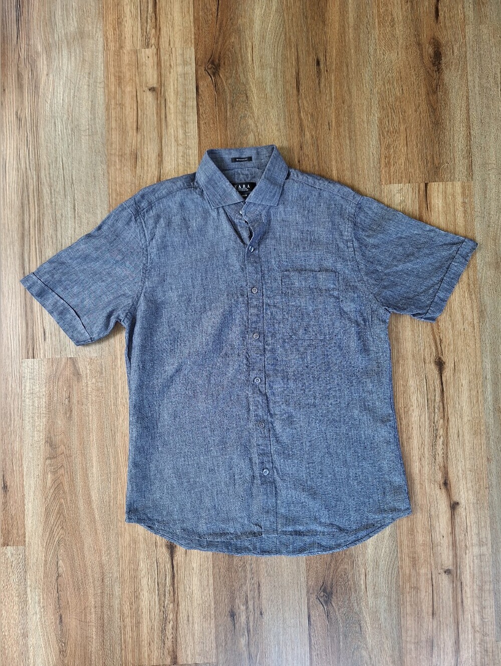 Mens Blue Chambray 100% Linen Shirt Sleeve Button Down Shirt Sz Large Vacation